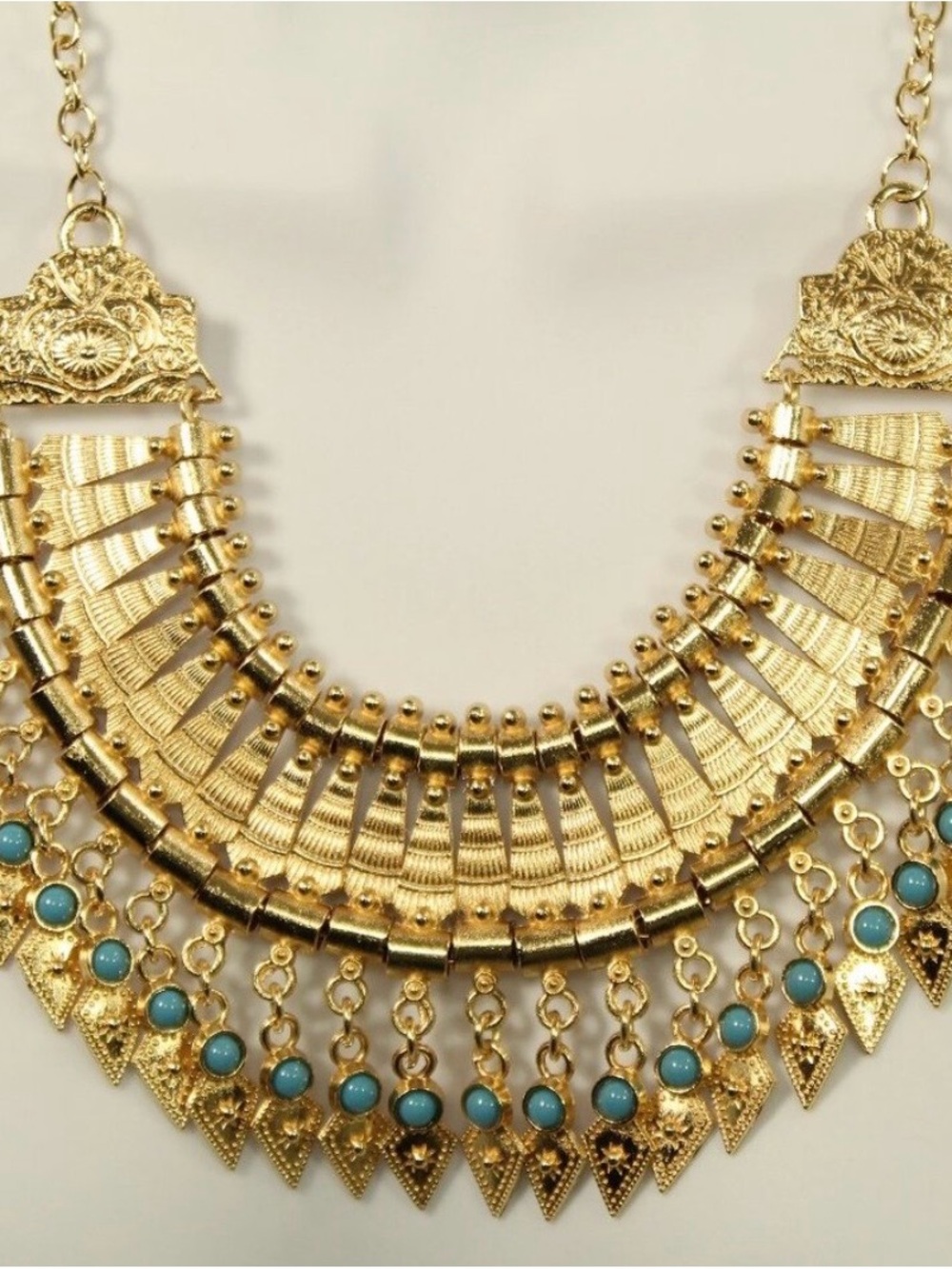 Gold-Tone Bib Necklace with Turquoise Beads